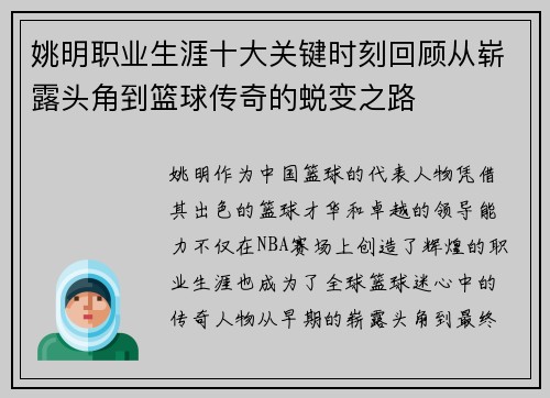 姚明职业生涯十大关键时刻回顾从崭露头角到篮球传奇的蜕变之路