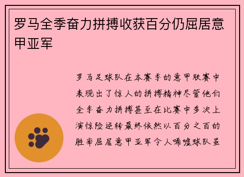 罗马全季奋力拼搏收获百分仍屈居意甲亚军